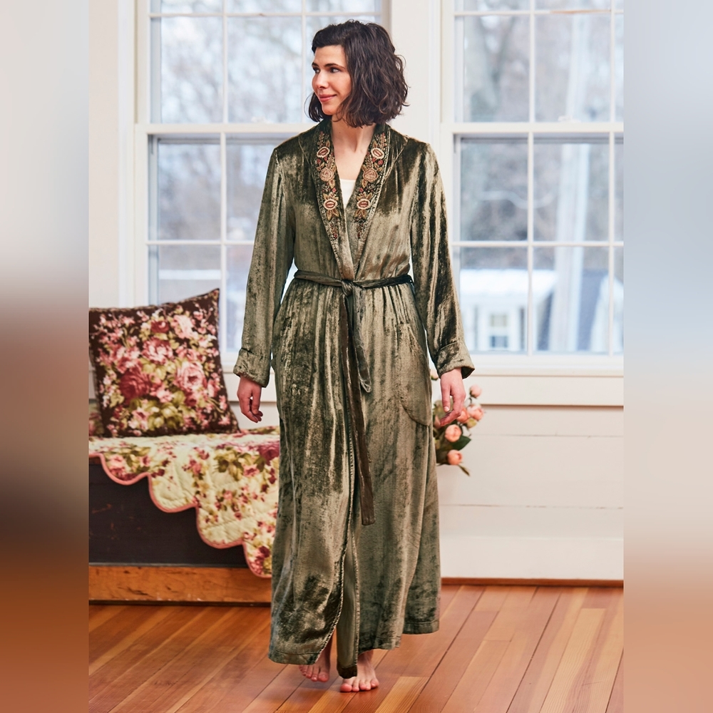 APRIL CORNELL "Green Moss" Velvet Dressing Gown / Robe Sz Small